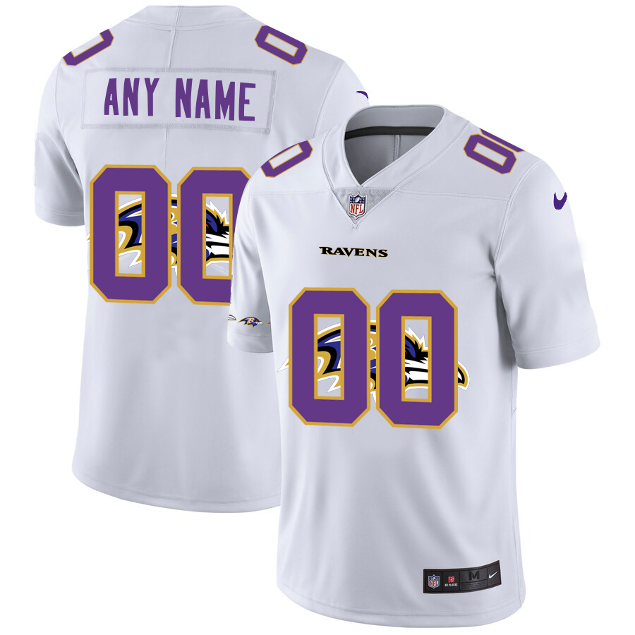 Baltimore Ravens Custom White Men’s Nike Team Logo Dual Overlap Limited NFL Jersey