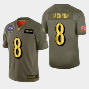 Baltimore Ravens #8 Lamar Jackson Nike Olive Gold 2019 Salute To Service Limited NFL 100 Jersey