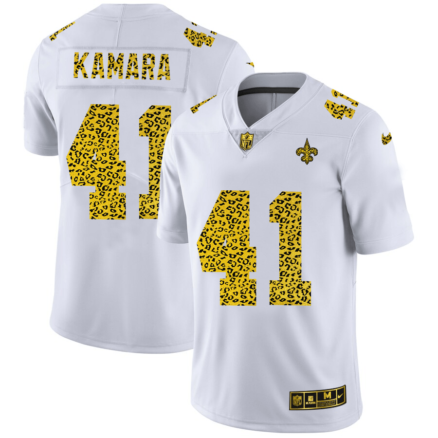 New Orleans Saints #41 Alvin Kamara Nike Flocked Leopard Print Vapor Limited NFL Jersey White