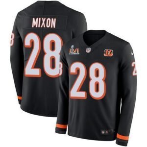 Nike Bengals #28 Joe Mixon Black Team Color Super Bowl LVI Patch Stitched NFL Limited Therma Long Sleeve Jersey