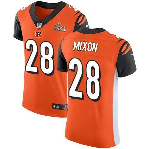Nike Bengals #28 Joe Mixon Orange Alternate Super Bowl LVI Patch Stitched NFL New Elite Jersey