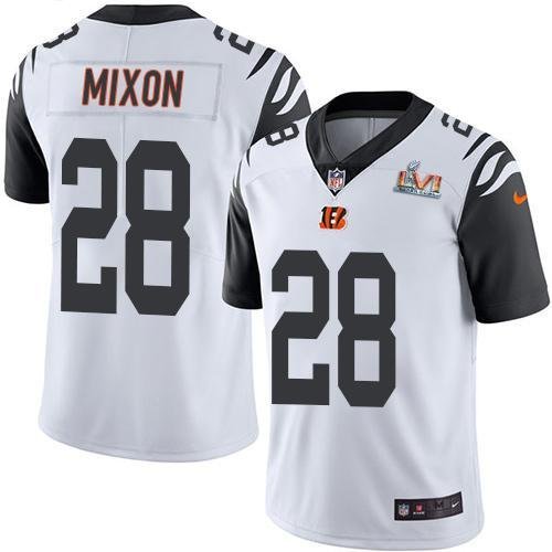 Nike Bengals #28 Joe Mixon White Super Bowl LVI Patch Stitched NFL Limited Rush Jersey