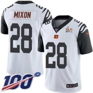Nike Bengals #28 Joe Mixon White Super Bowl LVI Patch Stitched NFL Limited Rush 100th Season Jersey