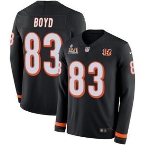 Nike Bengals #83 Tyler Boyd Black Team Color Super Bowl LVI Patch Stitched NFL Limited Therma Long Sleeve Jersey