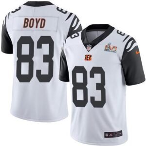 Nike Bengals #83 Tyler Boyd White Super Bowl LVI Patch Stitched NFL Limited Rush Jersey