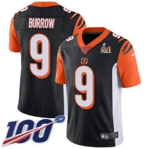 Nike Bengals #9 Joe Burrow Black Team Color Super Bowl LVI Patch Stitched NFL 100th Season Vapor Limited Jersey