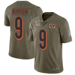 Nike Bengals #9 Joe Burrow Olive Super Bowl LVI Patch Stitched NFL Limited 2017 Salute To Service Jersey