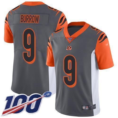 Nike Bengals #9 Joe Burrow Silver Stitched NFL Limited Inverted Legend 100th Season Jersey