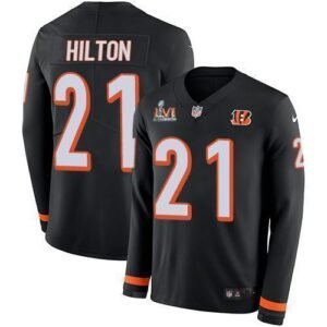 Nike Cincinnati Bengals #21 Mike Hilton Black Team Color Super Bowl LVI Patch Stitched NFL Limited Therma Long Sleeve Jersey