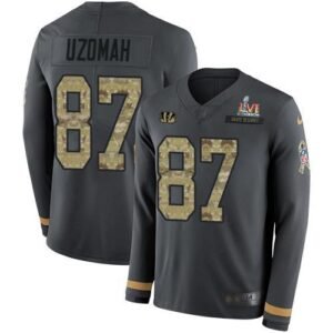 Nike Cincinnati Bengals #87 C.J. Uzomah Anthracite Super Bowl LVI Patch Salute to Service Stitched NFL Limited Therma Long Sleeve Jersey
