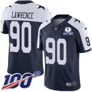 Nike Cowboys #90 DeMarcus Lawrence Navy Blue Thanksgiving Stitched With Established In 1960 Patch NFL 100th Season Vapor Untouchable Limited Throwbac
