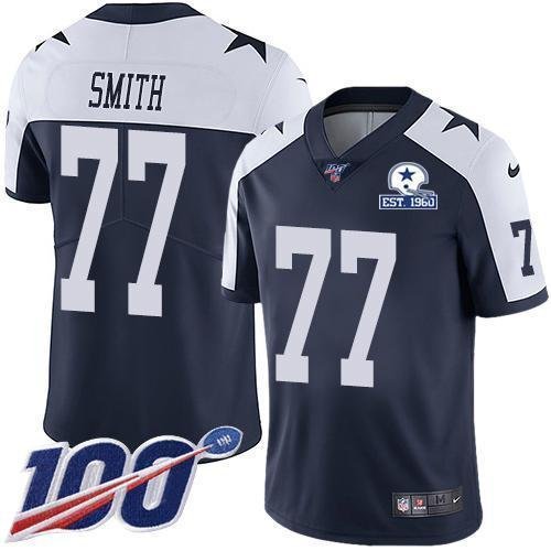 Nike Dallas Cowboys #77 Tyron Smith Navy Blue Thanksgiving Stitched With Established In 1960 Patch NFL 100th Season Vapor Untouchable Limited Throwba