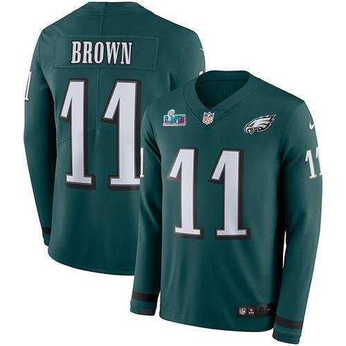 Philadelphia Eagles #11 A.J. Brown Green Team Color Super Bowl LVII Patch Stitched NFL Limited Therma Long Sleeve Jersey