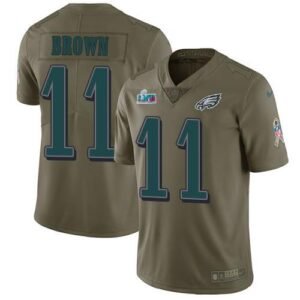 Philadelphia Eagles #11 A.J. Brown Olive Super Bowl LVII Patch Stitched NFL Limited 2017 Salute To Service Jersey