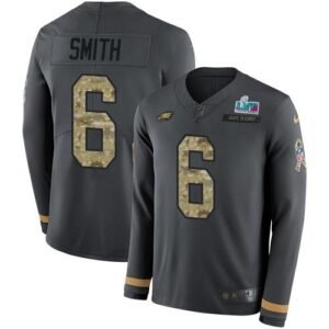 Philadelphia Eagles #6 DeVonta Smith Anthracite Super Bowl LVII Patch Salute To Service Stitched NFL Limited Therma Long Sleeve Jersey