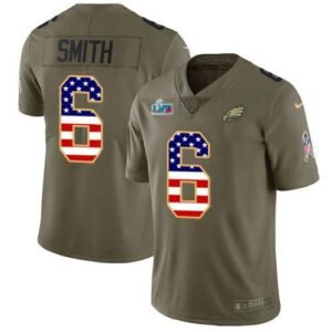 Philadelphia Eagles #6 DeVonta Smith Olive/USA Flag Super Bowl LVII Patch Stitched NFL Limited 2017 Salute To Service Jersey