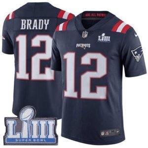 Nike Patriots #12 Tom Brady Navy Blue Super Bowl LIII Bound Stitched NFL Limited Rush Jersey