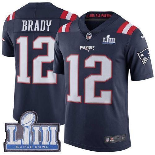 Nike Patriots #12 Tom Brady Navy Blue Super Bowl LIII Bound Stitched NFL Limited Rush Jersey