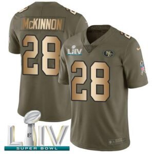 Nike San Francisco 49ers #28 Jerick McKinnon Olive/Gold Super Bowl LIV 2020 Stitched NFL Limited 2017 Salute To Service Jersey