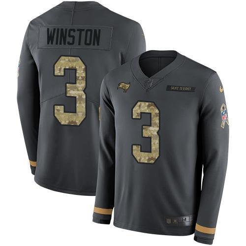 Nike Tampa Bay Buccaneers #3 Jameis Winston Anthracite Salute to Service Stitched NFL Limited Therma Long Sleeve Jersey