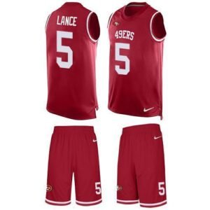 San Francisco 49ers #5 Trey Lance Red Team Color Men’s Stitched NFL Limited Tank Top Suit Jersey