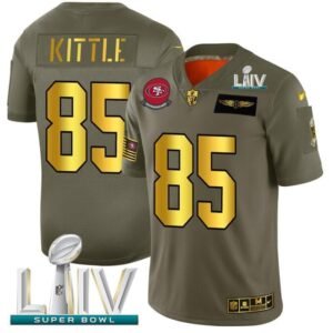 San Francisco 49ers #85 George Kittle NFL Men’s Nike Olive Gold Super Bowl LIV 2020 2019 Salute To Service Limited Jersey